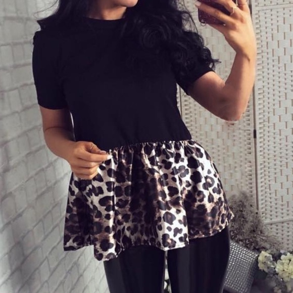 LAST 1! Leopard Hem Patchwork Short Sleeve T-shirt - Picture 5 of 5